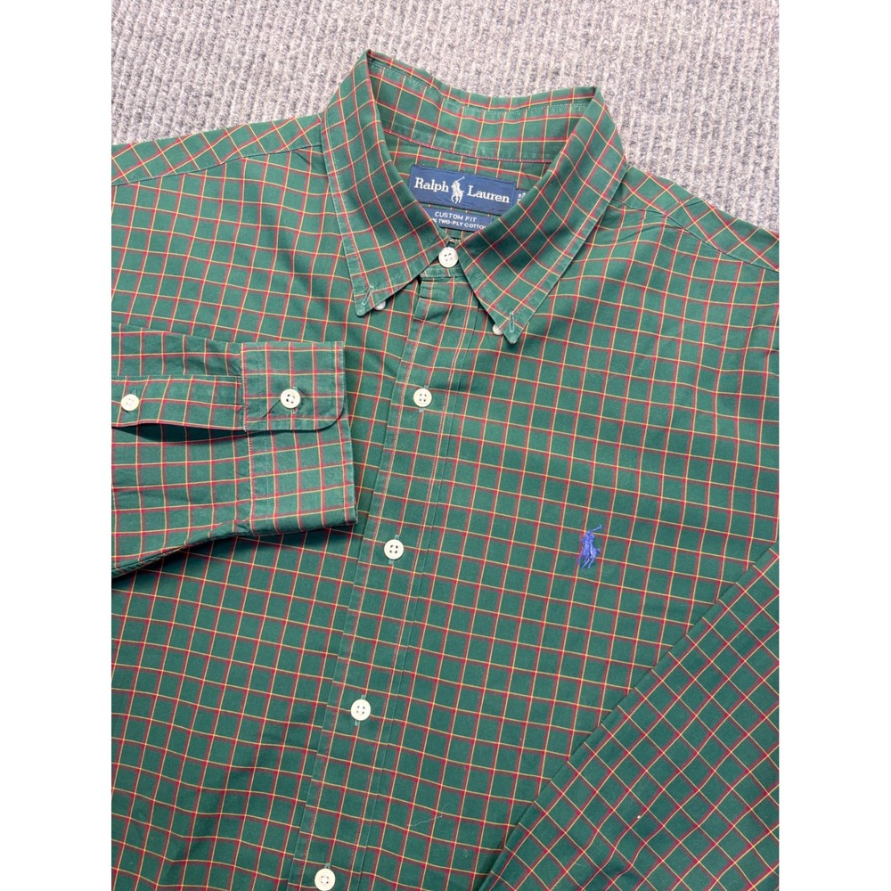 Ralph Lauren Mens XL Custom Fit Green Tattersall Check Cotton Button Down Shirt